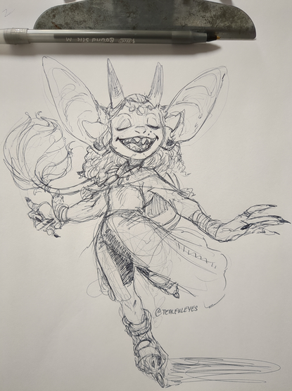 Sketch by Tealful Eyes of an Imp enjoying themselves roller skating in the breeze.