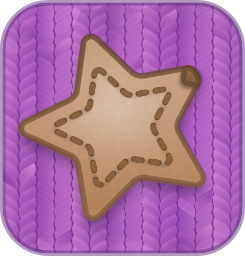 illustration / icon that looks like a purple knitted rounded square with a brown leather star sewn into the middle of it. One of the points of the star is curled up slightly.