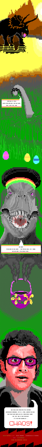 Rastafarian dinosaurs search the steamy Jamaican jungles for easter eggs, while hip mathematician Iam Malcolm proclaims the undertaking to be chaos.