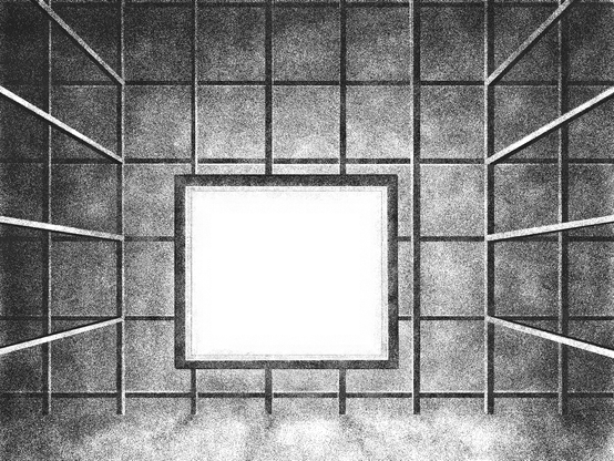 a black and white digital drawing of a caged space in which a white screen glows in the smoke