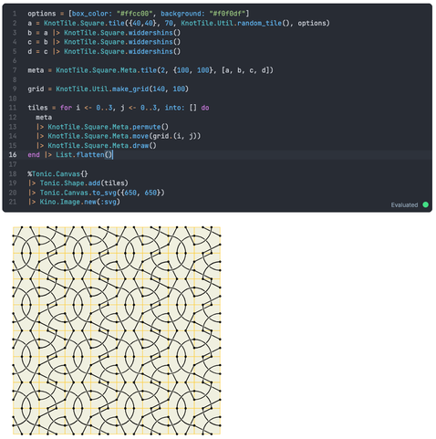A code editor with some code that describes the image below it of a grid of repeated tiles with markings that connect at the edges with the tiles next them them, forming a pattern. The design on the tiles is the same, except with rotation and different paths going above or below the others.