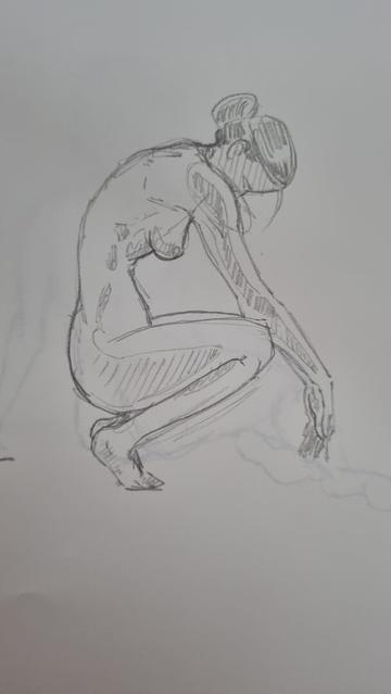 Sketch of a female model squatting on haunches, hands relaxed down over knees.