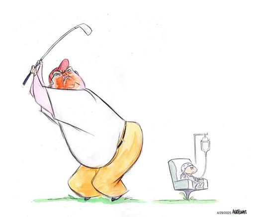 Editorial cartoon depicting Trump swinging a golf club at a very young cancer patient sitting on a golf tee.

Credit: Ann Telnaes