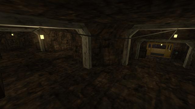 In this picture you can see a kind of tunnel. From left to right you can see several white thick wooden support pillars, a brown wooden box, a turnoff, another junction with a yellow freight elevator with a brown wooden box to the left and a button for the elevator on the right of the wall next to the elevator. Furthermore, you can see that each wooden support pillar has a yellow illuminated lamp, which are connected to each other with cables. This is on the map cs_siege in the game Counter-Strike 1.6.