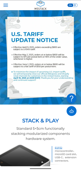 Die IoT-Firma m5stack aus China hebt für US-Kunden die Preise massiv an, um die Zölle zu decken.