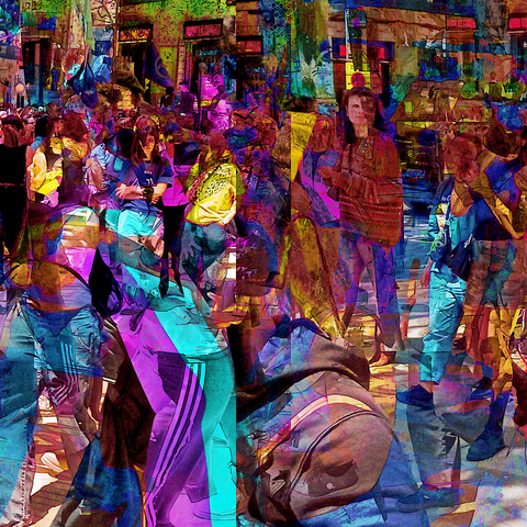 Barcelona digital edited multiple exposure street photography, made with the GNU Image Manipulation Program.