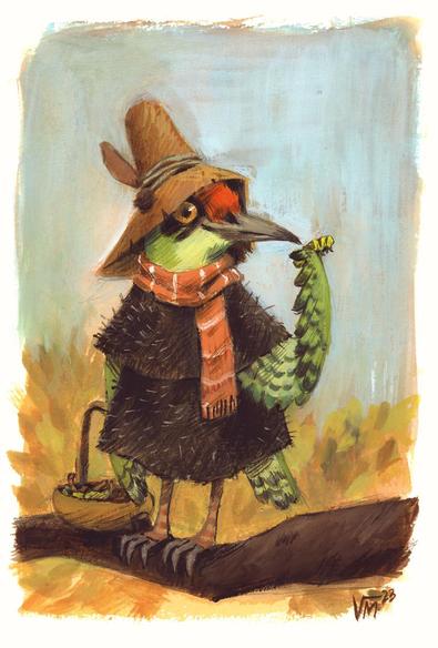 A green woodpecker with a straw hat and a basket of insects. Gouache painting by Victoria Maderna.