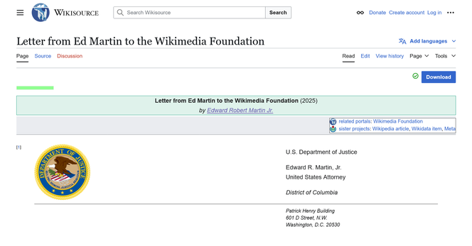 copie d'écran de la page Wikisource consacrée à la lettre d'un procureur américain adressée à la Fondation Wikimédia