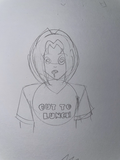 Mike in a daze, wearing a shirt saying OUT TO LUNCH