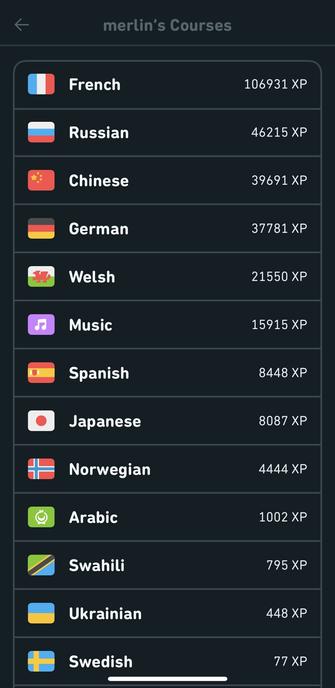 Screenshot of my 200k+ XP across French, Russian, Chinese, German, Welsh, and other courses.