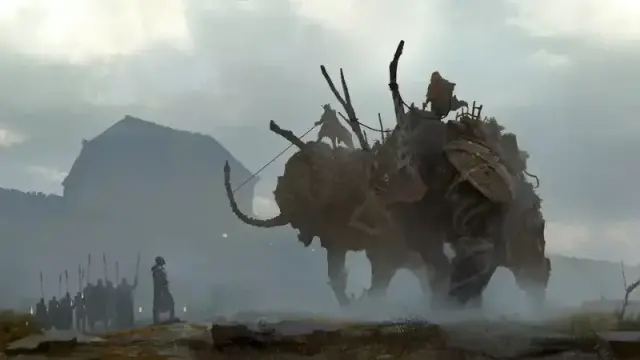 Official art from the Ruins of Symbaroum, featuring a giant monster staring down a lone warrior.