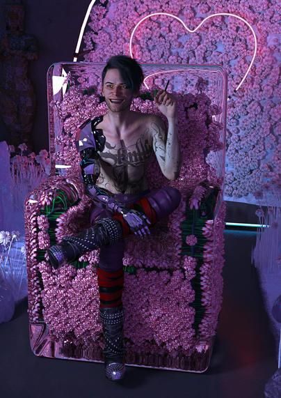 A sleazy looking lean white man with a flushed neck, face and upper chest from amphetamine abuse, glowing yellow cybernetic eyes, and a fixed grin. His very polished chrome cybernetic arm reflects purple, green and cyan lights from the room around him.

He is covered in tattoos, including a cross and a the word 'Skulls across his chest.

He holds an unlit cigarette in his hand as he grins in an unhinged way at someone off camera.

The room behind him is decorated with a neon red love heart, and a wall of pink carnations. His chair is also a perspex block filled with fake carnations.

His name is Steve. Dodgy Steve.