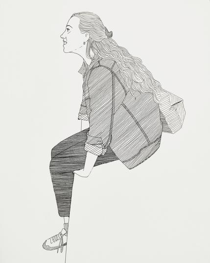 Ink drawing of a pretty woman in profile sitting on a ledge.
