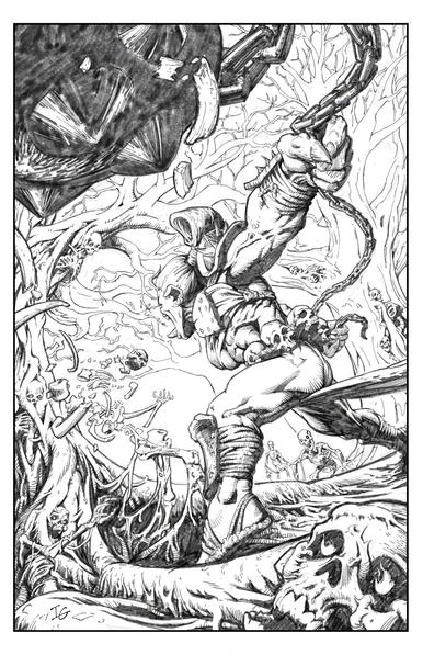 A sketch of a female orc warrior in a forest of trees that are interwoven with reanimating skeletons. She is smashing one of the skeletons with her mace.