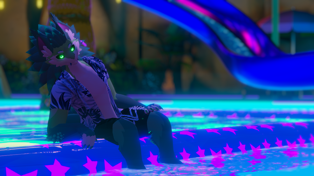 Ao the Solarbeast (green fluffy eastern-ish dragon with a big green mane and green shining eyes, with a pink crystal hanging from his left ear. He's wearing a Hawaiian opened shirt and swimming shorts. He's sitting on a inflatable platform, floating on a pool which has light under water.