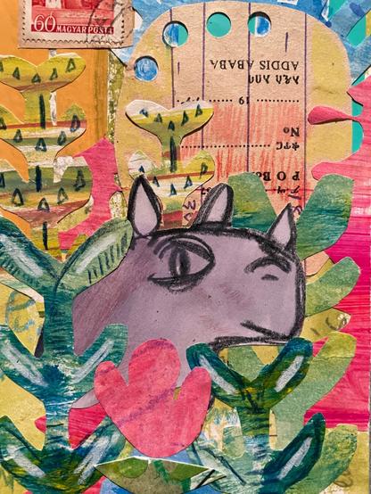A collage of a sneaky, purple rhinoceros in a surrealistic landscape. Made from recycled paper, watercolor, markers, colored pencils.