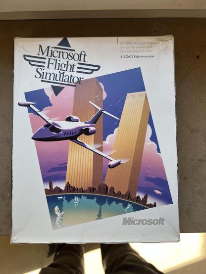 The image features the box for "Microsoft Flight Simulator." It displays an illustration of a small aircraft flying over a city skyline, with two tall buildings in the background and a body of water reflecting the scene. The box includes the Microsoft logo and is designed