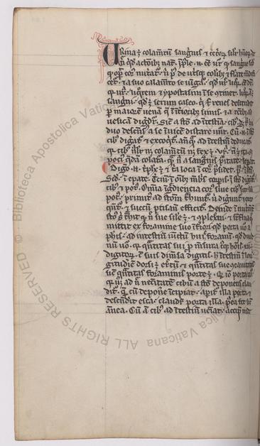 A page from a manuscript with a single column of highly abbreviated gothic text.  At the top there is a 2-line tall elaborate letter U, to start the word "Urina"