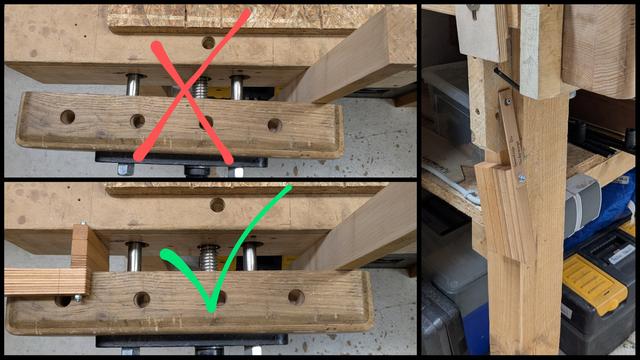 collage of three pictures: in the first picture, a long board is clamped vertically in a woodworking vice, but since the screw is in the middle, it has to be clamped off to one side, therefore the vice racks and is no longer parallel to the workbench. A big red X has been drawn on top of the picture.

In the second picture, a helper consisting of multiple thin slats of wood held together on one end by a threaded rod is clamped in the other end of the vice, giving balance to the vertical board from the first picture. A few of the thin slats are folded upwards so that the width clamped in the vice is the same as the board on the other end. Now a big green check mark is drawn over it.

In the third picture, the helper is stored away, hanging from a screw in the workbench leg under the vice.