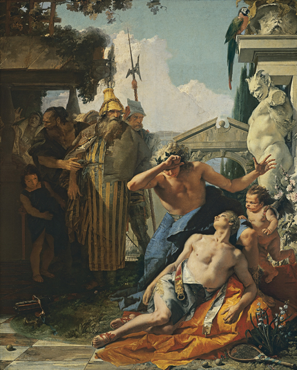 A Rococo painting, depicting a scene from Greek mythology, where the youth Hyacinthus is accidentally slain by Apollo. In the lower right, we have a half-naked Hyacinthus, lying down and dying, while behind a putto seems to be blowing (perhaps Zephyrus, the north wind, who in some versions was responsible), while a distressed Apollo, half-naked with a blue wrap, flails. To the left, a group in rough dress seem either angry or upset, as if they're about to converge on the scene. In the background are assorted classical ruins, and somewhat absurdly, in the lower part of the canvas, we can see a tennis racket and balls. In the lower right corner, a hyacinth grows, what Hyacinthus would become after death.