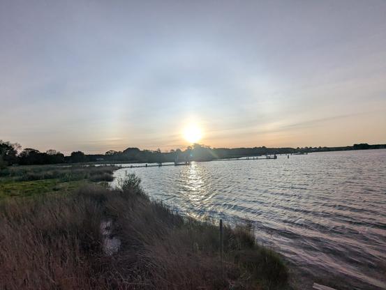 Photo of a calm morning sunrise over Harris Creek sun rising low to the left behind a wispy high level cloud deck. A pale white hemispheric circumsolar arc is seen in the cloud layer. Marsh is green with new Spring growth. Creek water is rippled and reflects the sun and clouds.