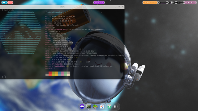 Gnome DE running on Alpine Linux all running on a 2011 MacBook Pro laptop that is missing the monitor/screen (headless).  Sakura terminal window open with fastfetch info displayed.