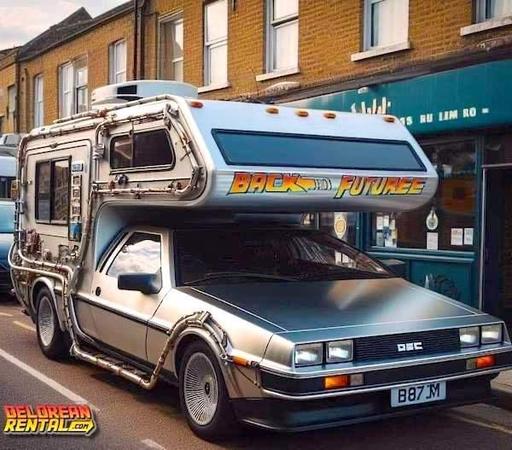 A modified DeLorean car with a camper van attached on top, featuring "BACK TO THE FUTURE" lettering. The vehicle is parked on a street, surrounded by buildings.