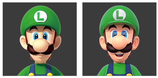 two pictures of Luigi, one with a neutral expression, one smiling brightly