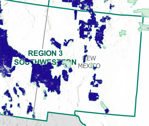 Map of national forests in New Mexico that are affected by the early April US Government emergency declaration. Affected portions are in dark blue.(Excerpt)