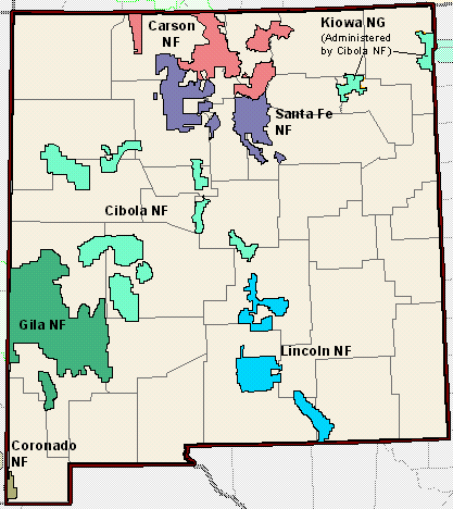 Map of all US national forests and grasslands in New Mexico