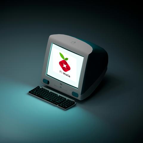 Old Macintosh with logo of Pi-Hole software in the screen.