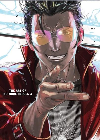 Cover art for The Art of No More Heroes 3, featuring a bold, stylized illustration of protagonist Travis Touchdown pointing at the viewer with a confident smirk. He wears tinted glasses, a red jacket, and a black shirt with a waveform graphic, set against an electric, high-energy background.

Bundled alongside the Day 1 editions of No More Heroes III, this art book is filled with gorgeous illustrations from the game. It is split into 3 sections: Galactic Rankings, Characters/Concept Art and Environments/Concept Art.