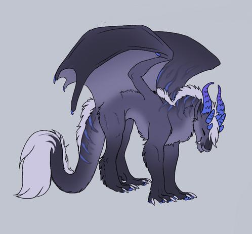 colored digital sketch of Avira the dragon arching her back and stretching her big dragon wings like a cat. She is covered in slate grey fur that fades to a charcoal color on her extremities. Her belly and underwings are a lighter shade of grey. A silver mane runs from her forehead and down her spine until it reaches the end of her tail in a big tuft. A triple set of electric blue and violet horns frame a fetlock of silver hair. Tiger stripes filled with the same blue and violet wrap down her neck, back, and spine.