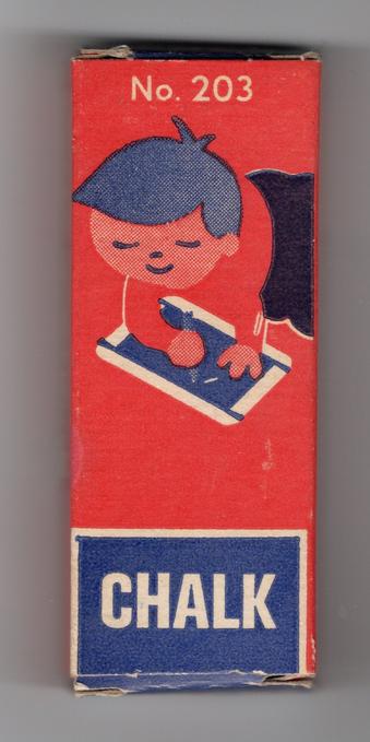 A box of chalk, with simplified illustration of a child laying on the floor, drawing with said chalk. The colors are bold reds, blues and white. At the top is "No. 203" in sans serif type in white on red. At the bottom, the word "CHALK" is reversed out of a dark blue background with a white border.
