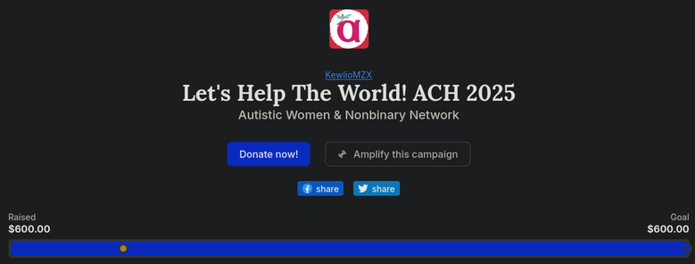 A screenshot from Tiltify showing the "Let's Help The World! ACH 2025" campaign reaching its $600 goal.