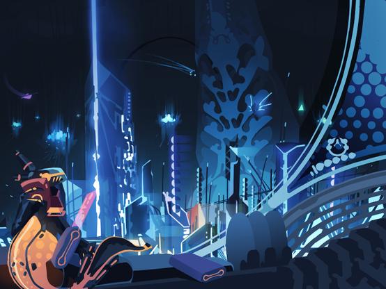 a scene image where a vast 'cyberpunk' adjacent city of neon lighting sprawls an area in a vast darkness, each tower towering past the last, with rails, antennae, and spacecraft between them.

a citizen in an orange casual exosuit rides a transport craft from one place to the next, they peacefully watch the sights while also watching a makeshift holopad.
