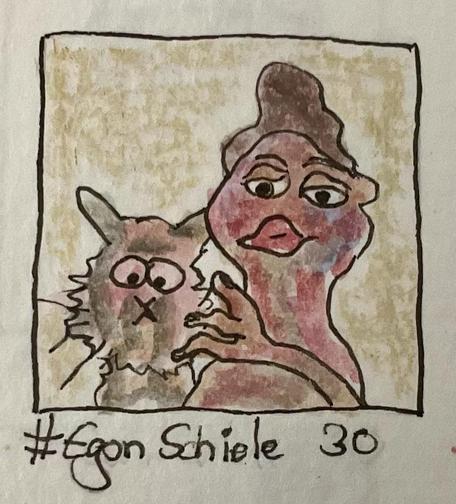 A colorful, whimsical drawing depicting a stylized person with prominent features and full lips, holding a cartoonish cat with wide eyes. The image is framed with a simple border, and the text "#Egon Schiele 30" is written at the bottom.