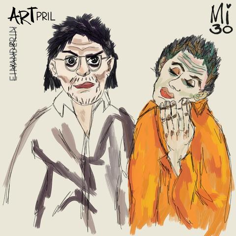 Digitale Zeichnung im Stil von Egon Schiele: die beiden Jungs von den Kreativembos in einer expressiven, abstrakten Darstellung mit groben Strichen. Links der Kreativembo mit Brille, Bart und beigem Hemd. Rechts der andere Kreativembo mit geschlossenen Augen, im orangenen Hemd, er hält sich die linke Hand ans Gesicht.

Digital drawing in the style of Egon Schiele: the two boys from the Kreativembos in an expressive, abstract depiction with coarse strokes. On the left, the Kreativembo with glasses, a beard, and a beige shirt. On the right, the other Kreativembo with closed eyes, wearing an orange shirt, holding his left hand to his face.
