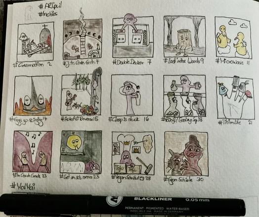 A collection of illustrated panels featuring various whimsical characters and scenes, labeled with titles and hashtags. The drawings include humorous scenarios like characters in a graveyard, cooking, and musical interactions, showcasing a playful art style.