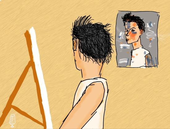 Zeichnung, digital: ein Maler mit Staffelei, für quer zur Blickrichtung steht, er blickt in einen Spiegel ab der Wand, in dem er sich selbst mit einigen farbflecken sieht.