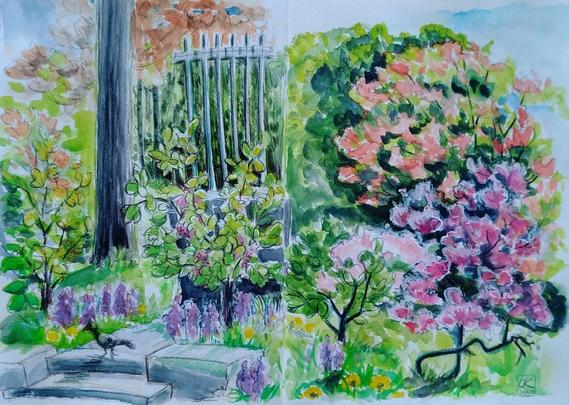 A double page in a sketchbook depicting colorful blooming azaleas in a park landscape. On the left, some steps and a memorial with crosses.