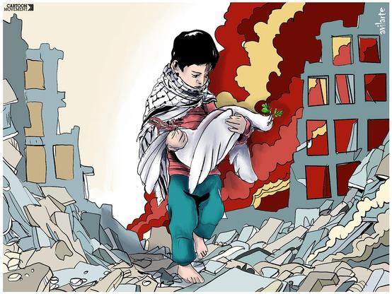 Cartoon showing a young boy walking through the ruined landscape of Gaza, carrying the corpse of the dove of peace.