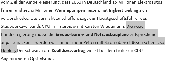 Absatz aus dem Anreisser des Background Tagesspiegel vom 30.4. Schraffiert ist eine Aussage des VKU-Geschäftsführers Liebing.