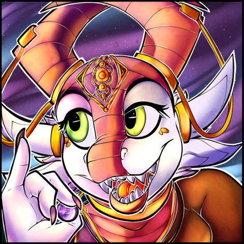 A dragoness covered in gold jewellery against a starry sky. They appear to be holding a galaxy in a marble, grasped between two fingers.