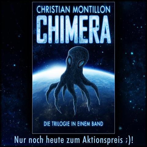 Cover des Buchs CHIMERA. Ein oktopusähnliches Wesen schwebt vor der Erde im All.