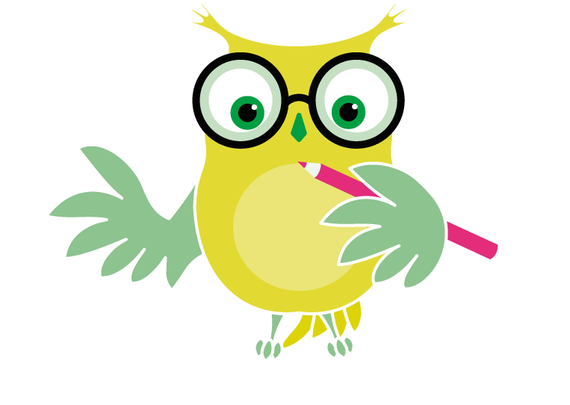 Logo der Göttinger Kinder-Uni: Eine wissbegierig guckende gelbe Eule mit Brille und mit einem Stift im Flügel