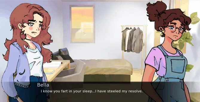 A gif of dialogue from a visual novel
The characters animated and move between lines
Its moderately cringe