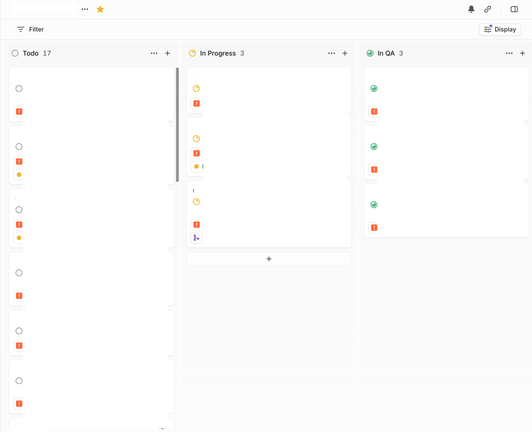 Screenshot of a Linear project management board, all content blacked out except the "Urgent" icon on every single issue.