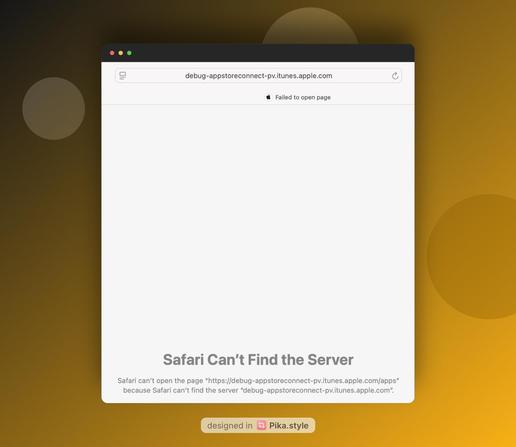 A Safari browser window displays an error message: “Safari Can’t Find the Server,” after attempting to open the URL “https://debug-appstoreconnect-pv.itunes.apple.com/apps”.
