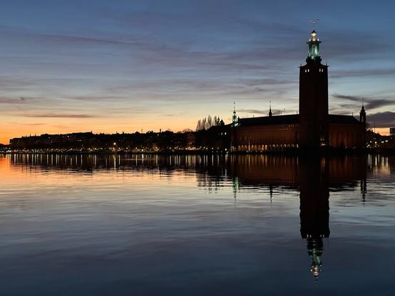 a line of buildings on a shore, silhouetted by the setting sun, reflecting in mostly still water. At the front is a large hall with a tall, square-profiled tower, at its top a golden ball-shaped element